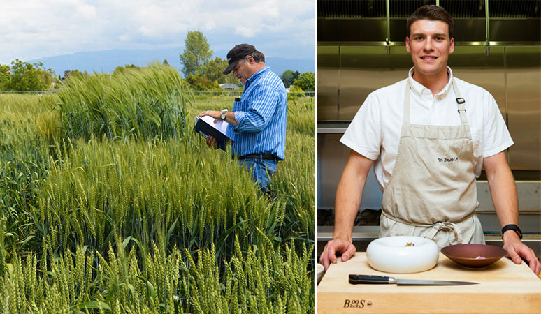 (Left) Steve Lyon reads from a notebook in a wheat field. (Right) Neils Brisbane stands in front of a cutting board in the kitchen.